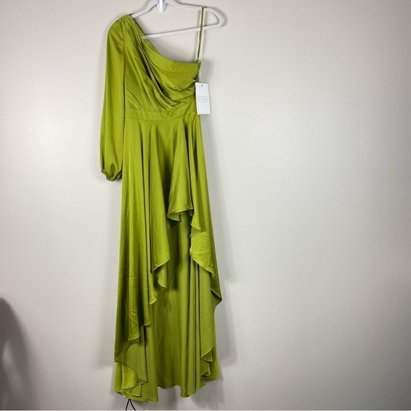 Mac Duggal Long Sleeve One Shoulder Satin High Low A-line Gown Womens 2 Green - Picture 13 of 14